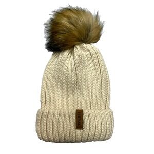 Furtalk Hat Beanie Beige Chunky Winter Cable Knit Pom Faux Fur